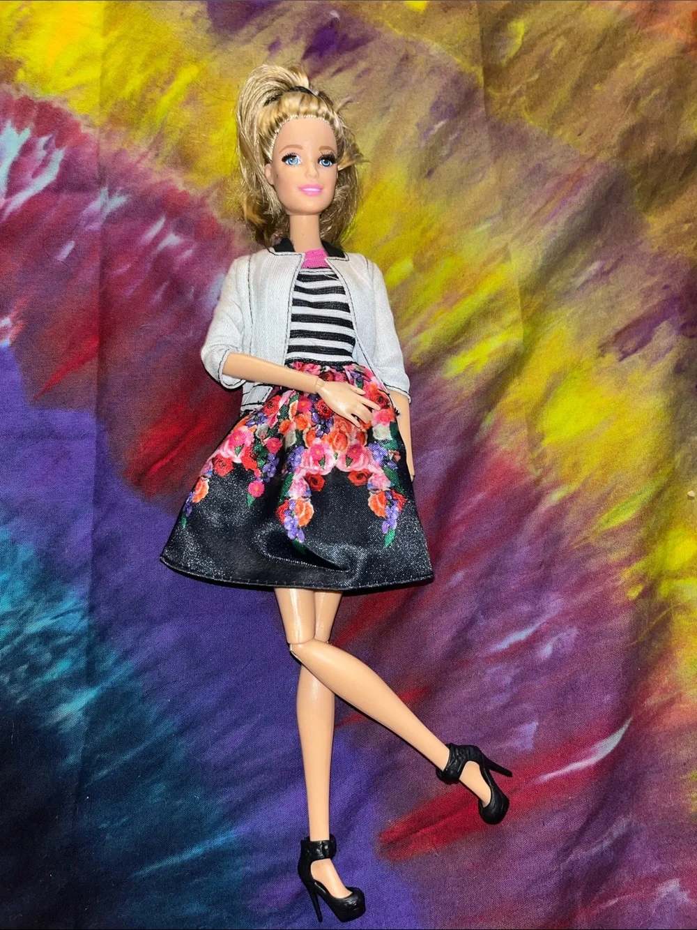Barbie Doll with Black Floral and Striped Top Dress & Silver Jacket